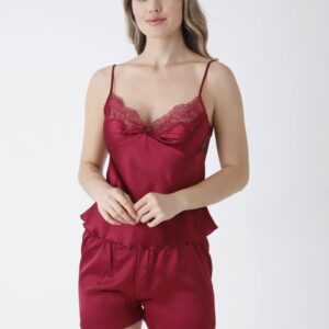 Satin Maroon Lace Trim Cami Top & Shorts Nightwear Set