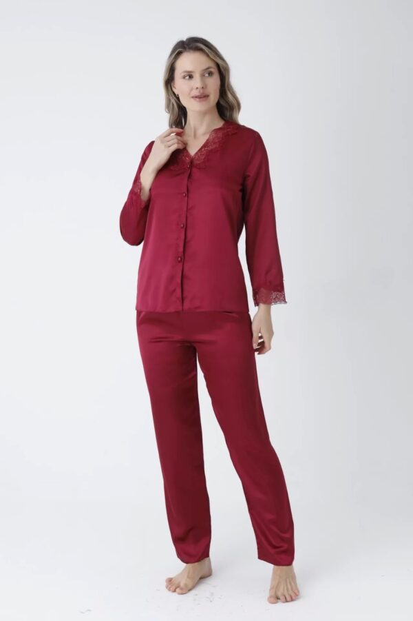Satin Maroon Lace Trim Cami Top & Shorts Nightwear Set - Image 4