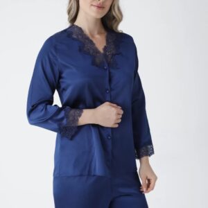 Navy Blue Satin Slip Nightdress with Lace Detailing