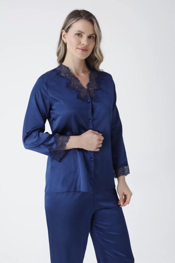 Navy Blue Satin Slip Nightdress with Lace Detailing - Image 2