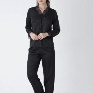 Black Satin Lace Slip Nightdress for Women