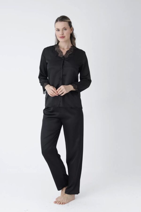 Black Satin Lace Slip Nightdress for Women - Image 2