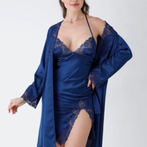 Luxury Navy Blue Satin Nightwear Set with Lace Robe & Slit Slip Dress