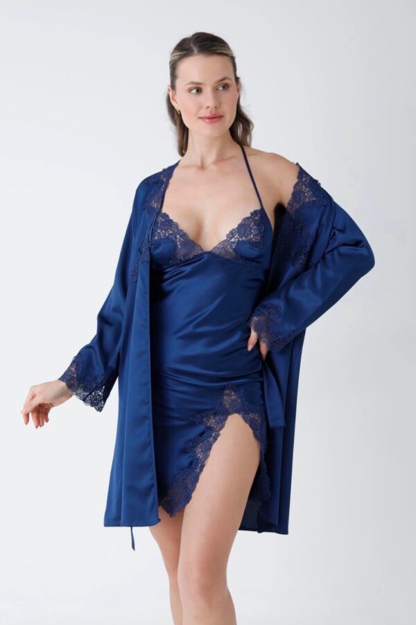 Luxury Navy Blue Satin Nightwear Set with Lace Robe & Slit Slip Dress - Image 2