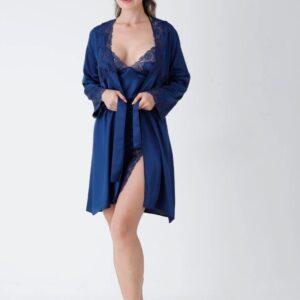 Luxury Navy Blue Satin Nightwear Set with Lace Robe & Slit Slip Dress