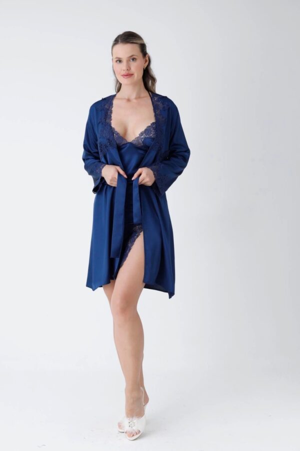 Luxury Navy Blue Satin Nightwear Set with Lace Robe & Slit Slip Dress