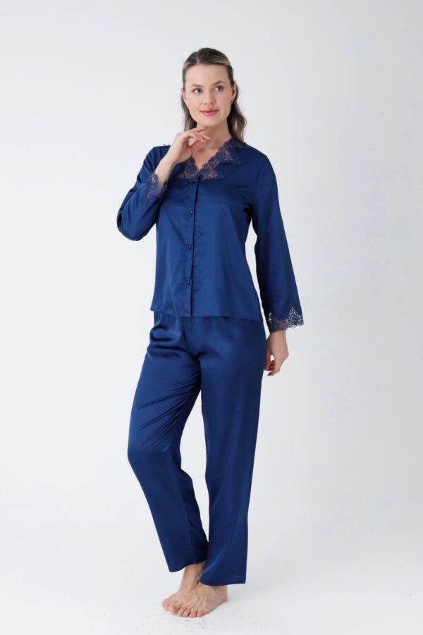 Luxury Navy Blue Satin Nightwear Set with Lace Robe & Slit Slip Dress - Image 5