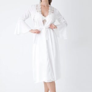 Elegant White Satin Long Robe with Lace Detailing for Women