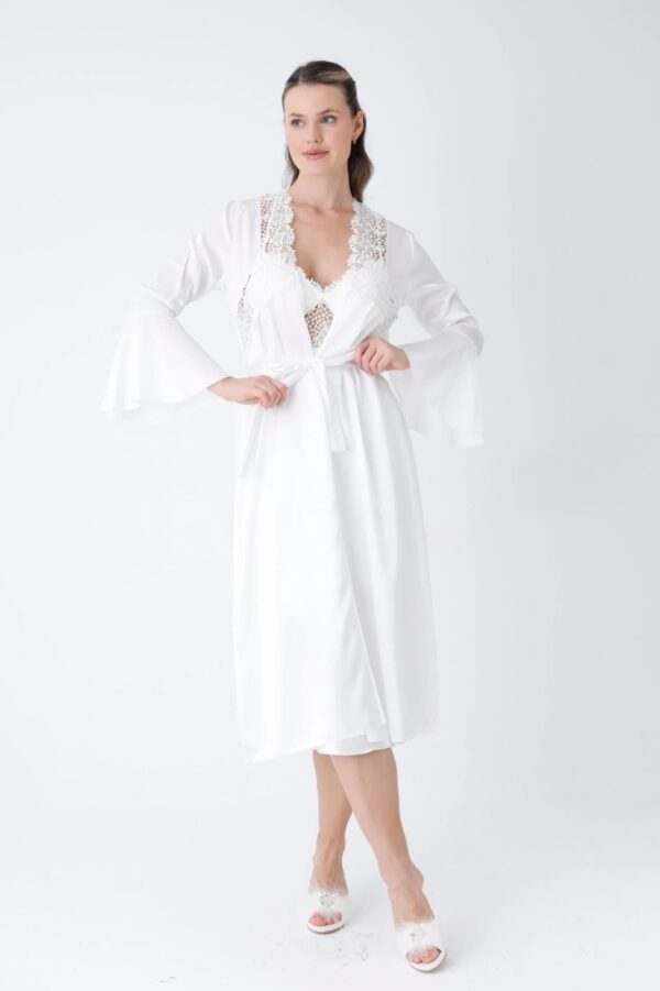 Elegant White Satin Long Robe with Lace Detailing for Women