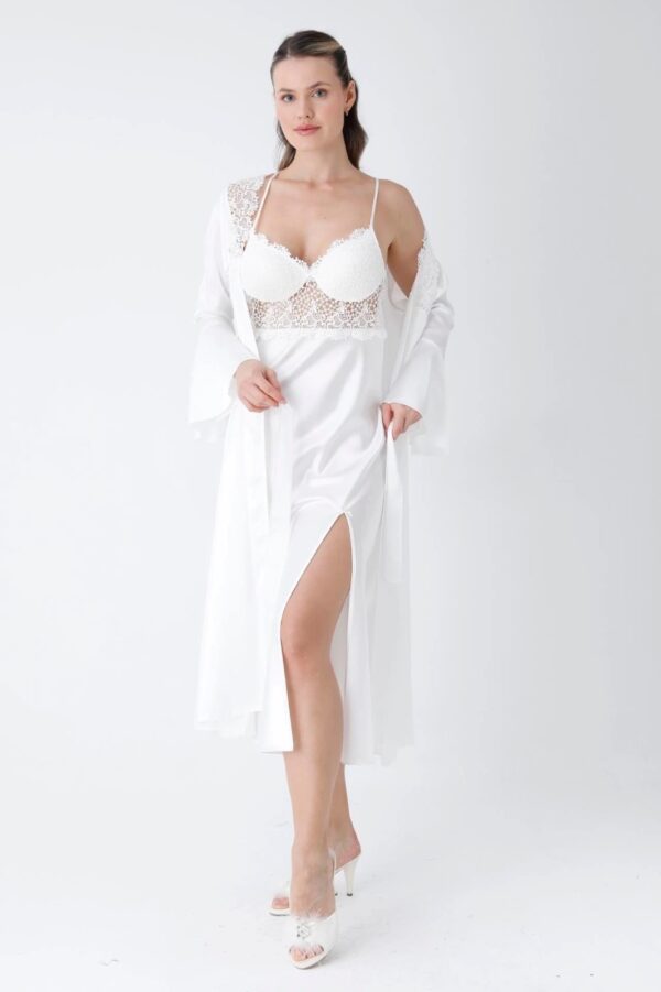 Elegant White Satin Long Robe with Lace Detailing for Women - Image 3