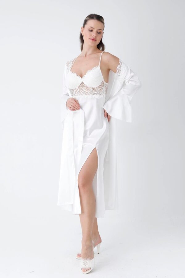 Elegant White Satin Long Robe with Lace Detailing for Women - Image 5