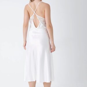 Elegant White Satin Long Robe with Lace Detailing for Women