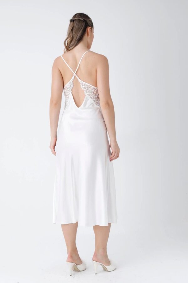 Elegant White Satin Long Robe with Lace Detailing for Women - Image 2