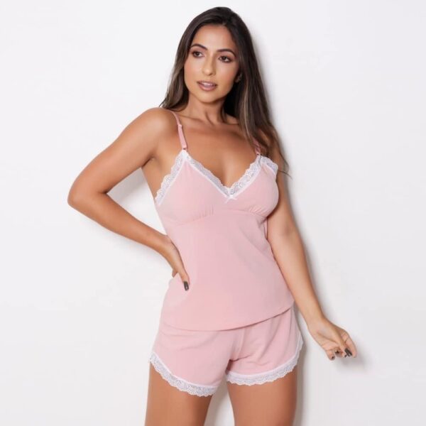 Blush Pink Lace Trim Camisole and Shorts Sleepwear Set - Image 2
