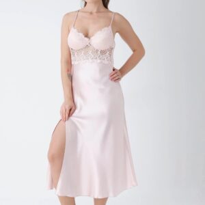 Blush Pink Satin Nightwear Set with Lace Bodice & Matching Robe