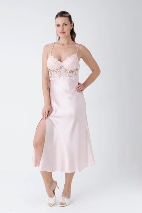 Blush Pink Satin Nightwear Set with Lace Bodice & Matching Robe - Image 2