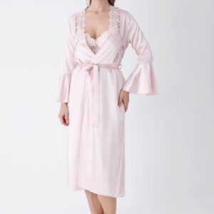 Blush Pink Satin Nightwear Set with Lace Bodice & Matching Robe