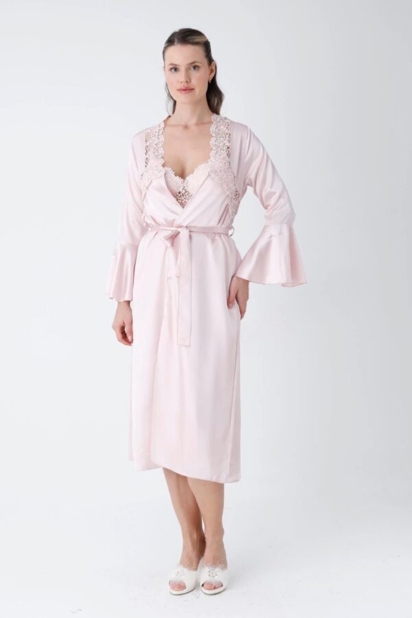 Blush Pink Satin Nightwear Set with Lace Bodice & Matching Robe