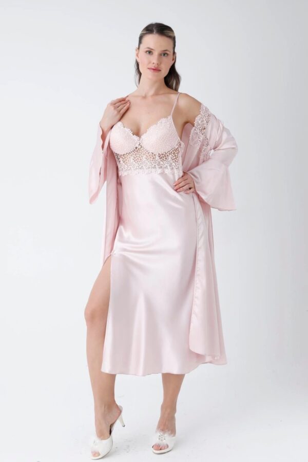Blush Pink Satin Nightwear Set with Lace Bodice & Matching Robe - Image 3