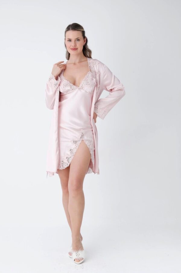 Blush Pink Satin Nightwear Set with Lace Bodice & Matching Robe - Image 6