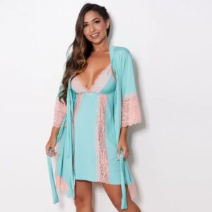 Aqua Blue Nighty & Robe Set for Women with Lace Detailing