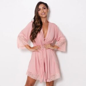 Blush Pink Short Nightwear Robe with Lace Trim