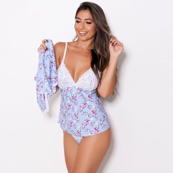 Women's Cotton Printed Nightwear Set – Lace Trim Cami Top & Shorts – Light Blue Hello Kitty Design - Image 3
