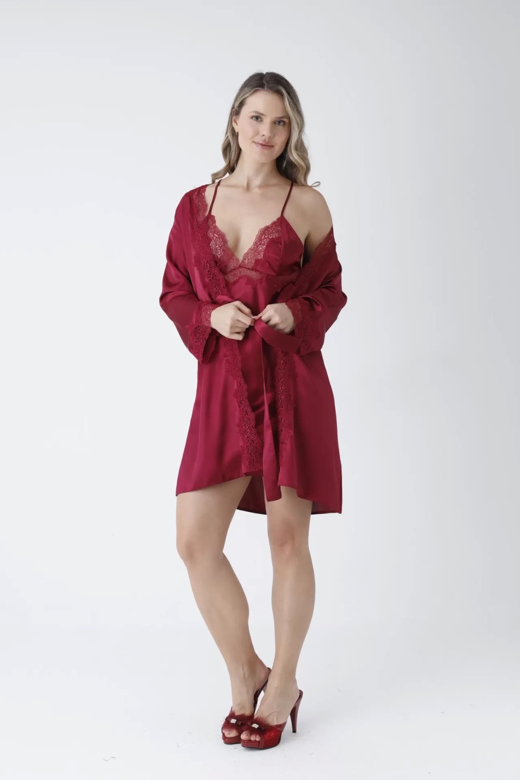 Larina Satin Elegance Lace Nightdress – Wine Red - Image 4